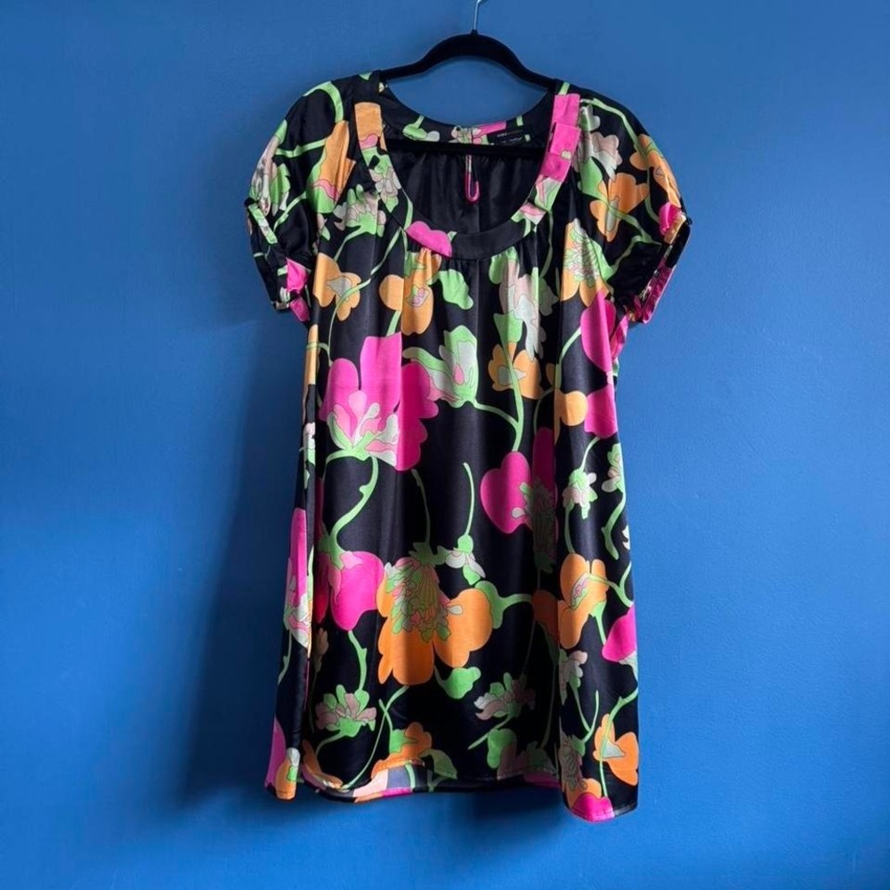 BCBG Max Azria Floral Babydoll Dress Women's Size XL Black Pink Orange Twee Y2K